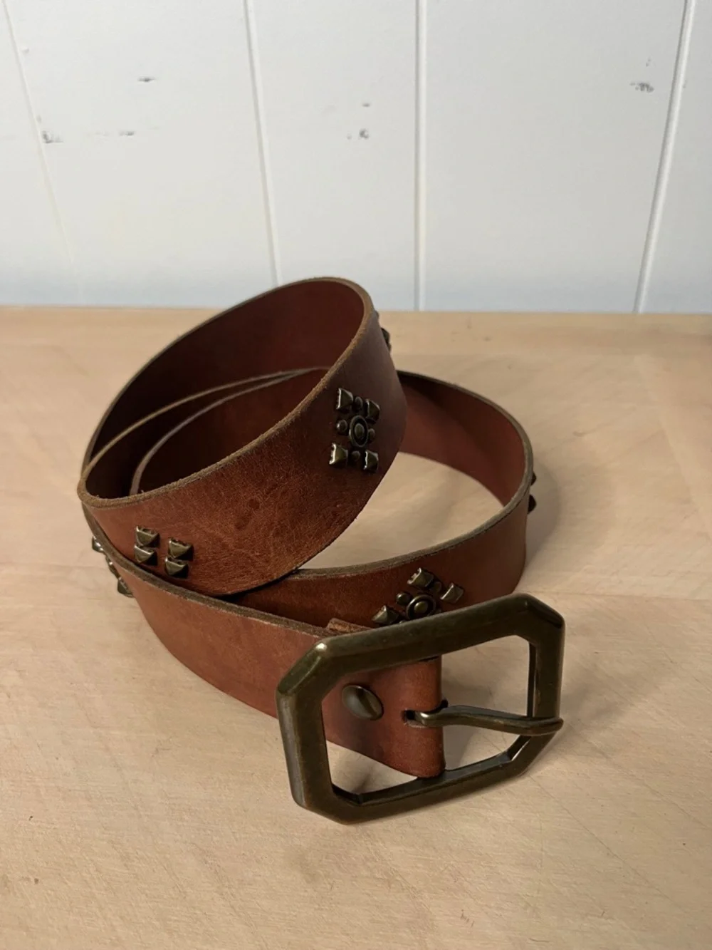 Banana Republic Brown Leather Belt with Large Rectangle Buckle and Studs size L